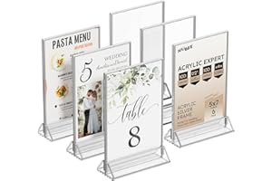 NIUBEE 6-Pack 5x7 Clear Acrylic Sign Holder with Silver Borders and Vertical Stand, Double Sided Table Menu Holders Picture Frames for Wedding Table Numbers, Restaurant Signs, Photos and Art Display