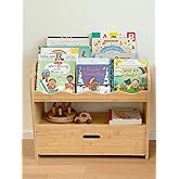 Lavenix Bamboo Kids Bookshelf 3-Tier with Drawer, Scalloped Front Facing Montessori Book Shelf and Toy Storage for Toddler Kids Rooms, Baby Nursery, Classroom
