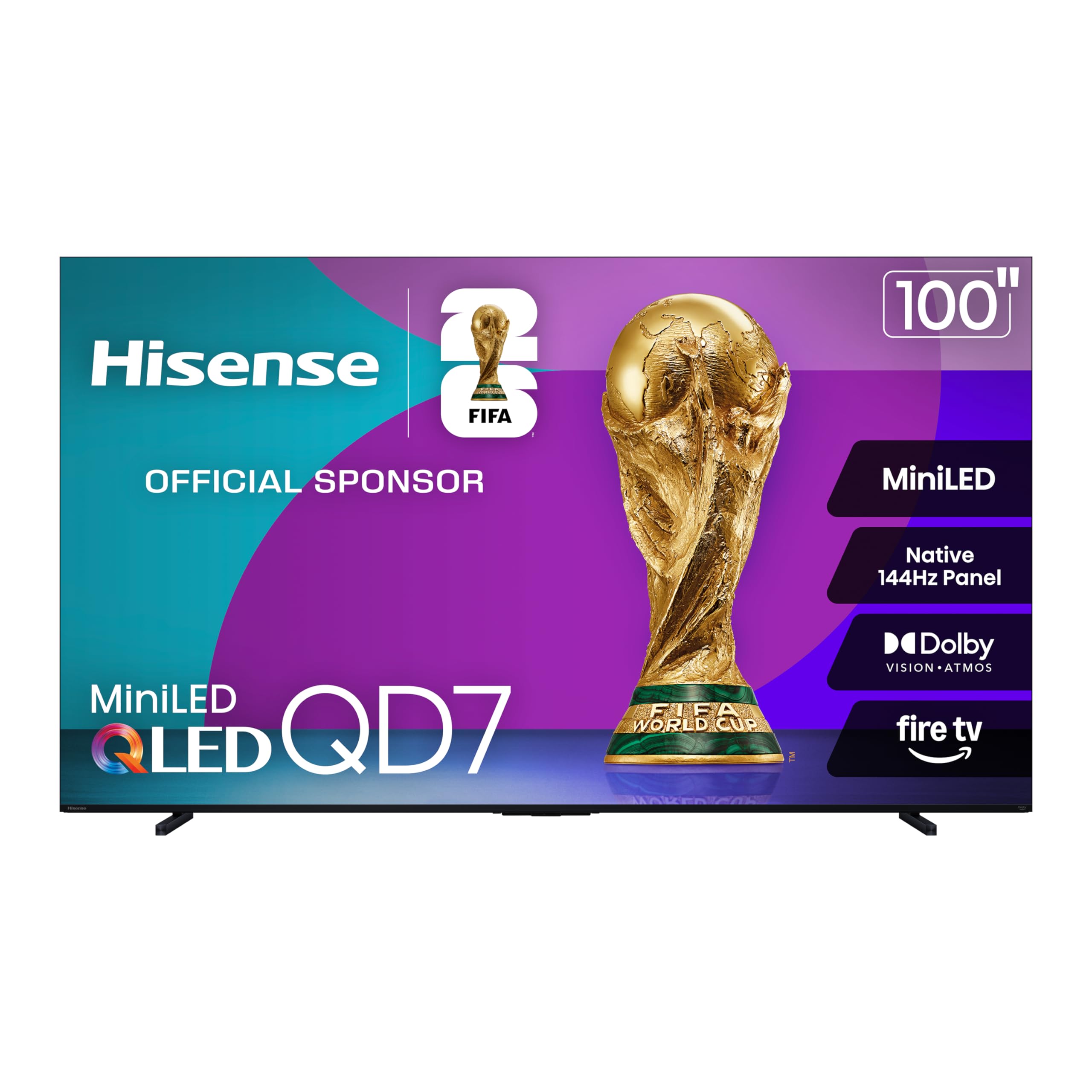Photo 1 of ** SOLD AS IS NO REFUND/RETURN** SEE COMMENTS Hisense 100" Class QD7 Series Mini-LED 4K UHD Smart Fire TV (100QD7QF, 2025 Model) - QLED, 144hz, HDR10+, Dolby Vision, Dolby Atmos, Game Mode Pro, ALLM, Alexa Built in with Voice Remote, Black