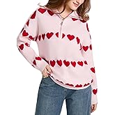 Wyeysyt Heart Sweater for Women Valentines Quarter Zip Sweater Oversized Long Sleeve Knit Pullover Valentine's Day