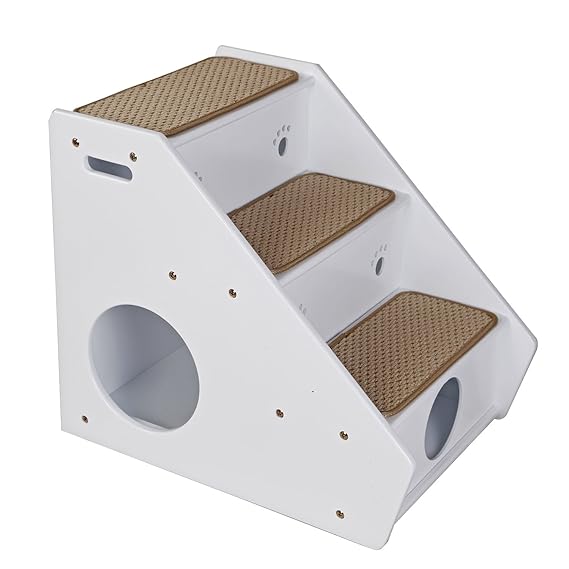 Petsfit Hölzerne Haustier Treppe, 3 Schritte Hundetreppe, Sisal Schritt, 56 x 43 x 51cm, weiß