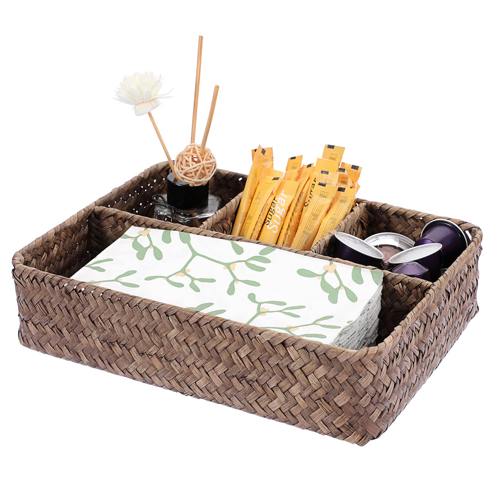 BTSKY 4 Compartment Seagrass Storage Basket Tissue Box - Woven Wicker Divided Storage Organizer Box Countertop Decorative Shelf Basket For Stationery, Candies, Tea bags, Cometics (Coffee)