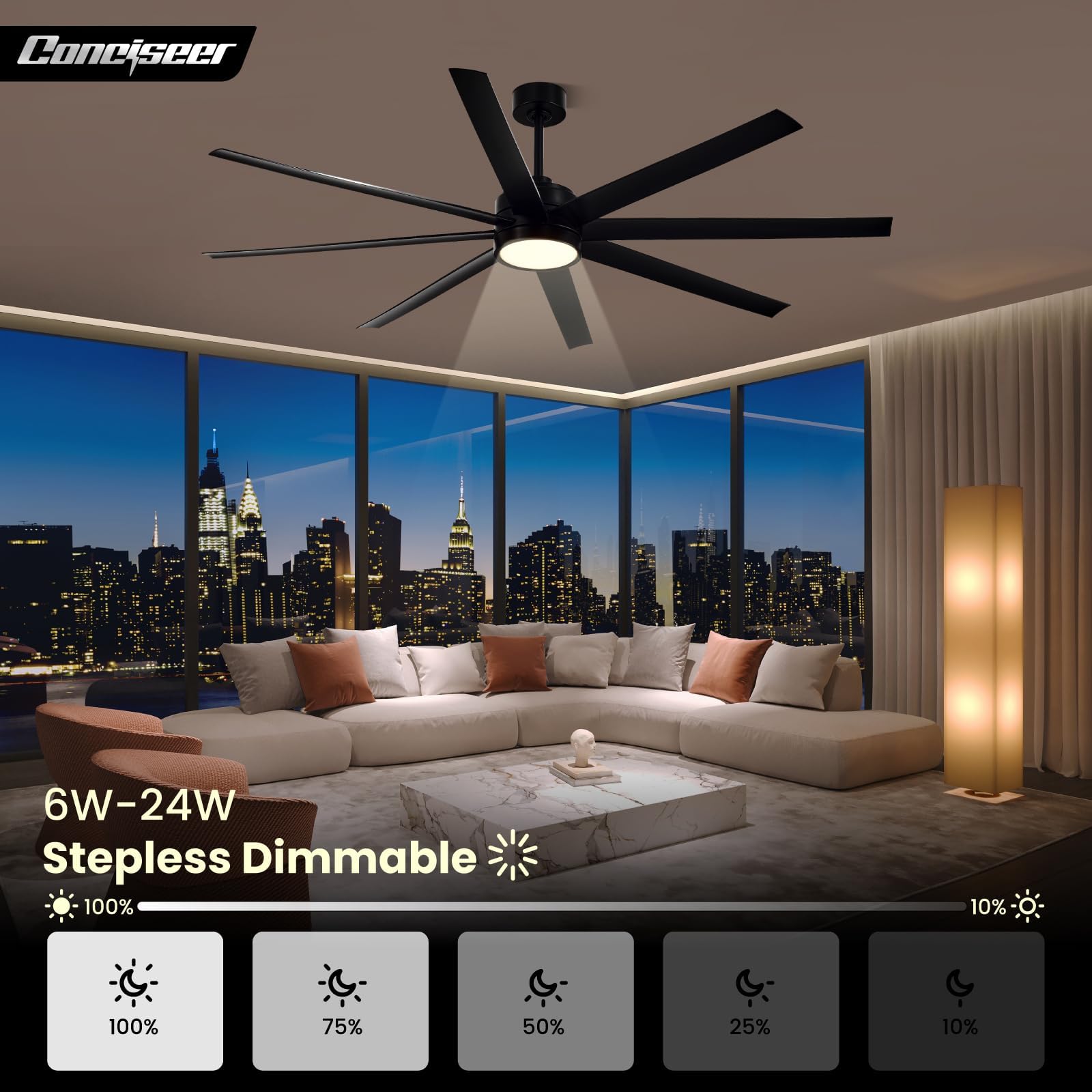 Modern Ceiling Fans with Lights, 72 Inch Ceiling Fan with Light and Remote, Bedroom Living Room Library Cafe Outdoor/Industrial,24W 3CCT Dimmable, 8 Blades 6 Speed Reversible Quiet DC Motor, Black
