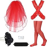 Ramede 6 Pcs Halloween Women's Bride Costume Red Gothic Wedding Dress Costume 80s Black Roses Flower Bunch Lace Gloves Layered Red Veil Fishnet Stockings Wig Bags White Painting for Women Cosplay
