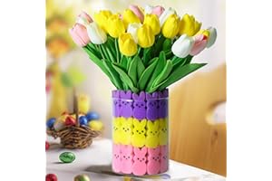 Shitailu Easter Decorations - Easter Little Bunnies Decor - 15 pcs Artificial Tulips with 45 pcs Bunnies Vase Filler Set, Spring Home Decoration Centerpieces for Tables, NO VASE