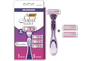 BIC Click 5 Soleil Women's Disposable Razors; 5 Blades With a Moisture Strip For a Smoother Shave; 1 Handle and 3 Cartridges; 4 Piece Razor Set