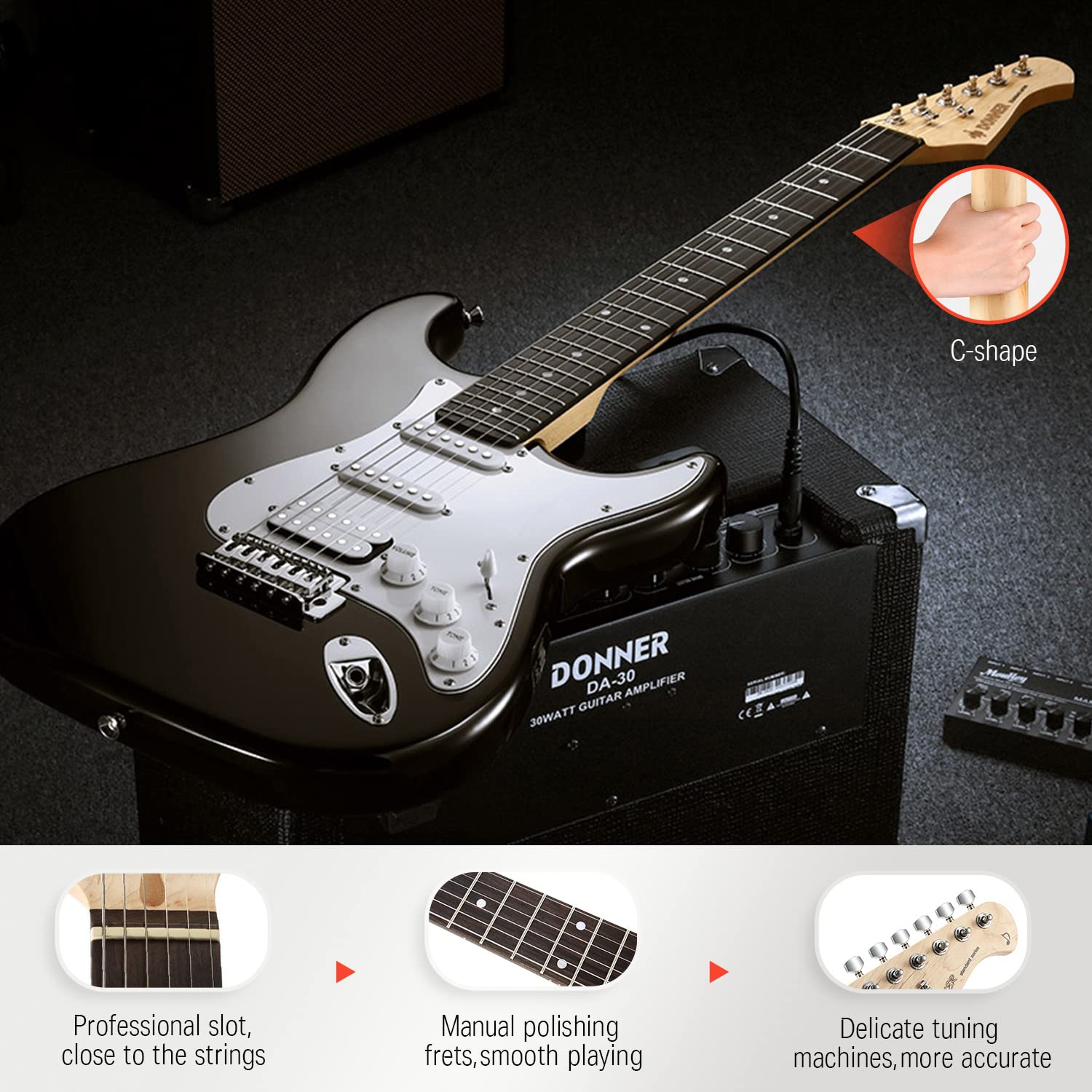 Donner DST-100B Kit para principiantes de guitarra eléctrica de 39 pulgadas, cuerpo sólido, tamaño completo, HSS negro para principiantes, con amplificador, bolsa, afinador digital, cejilla, correa, cuerda, cable, púas