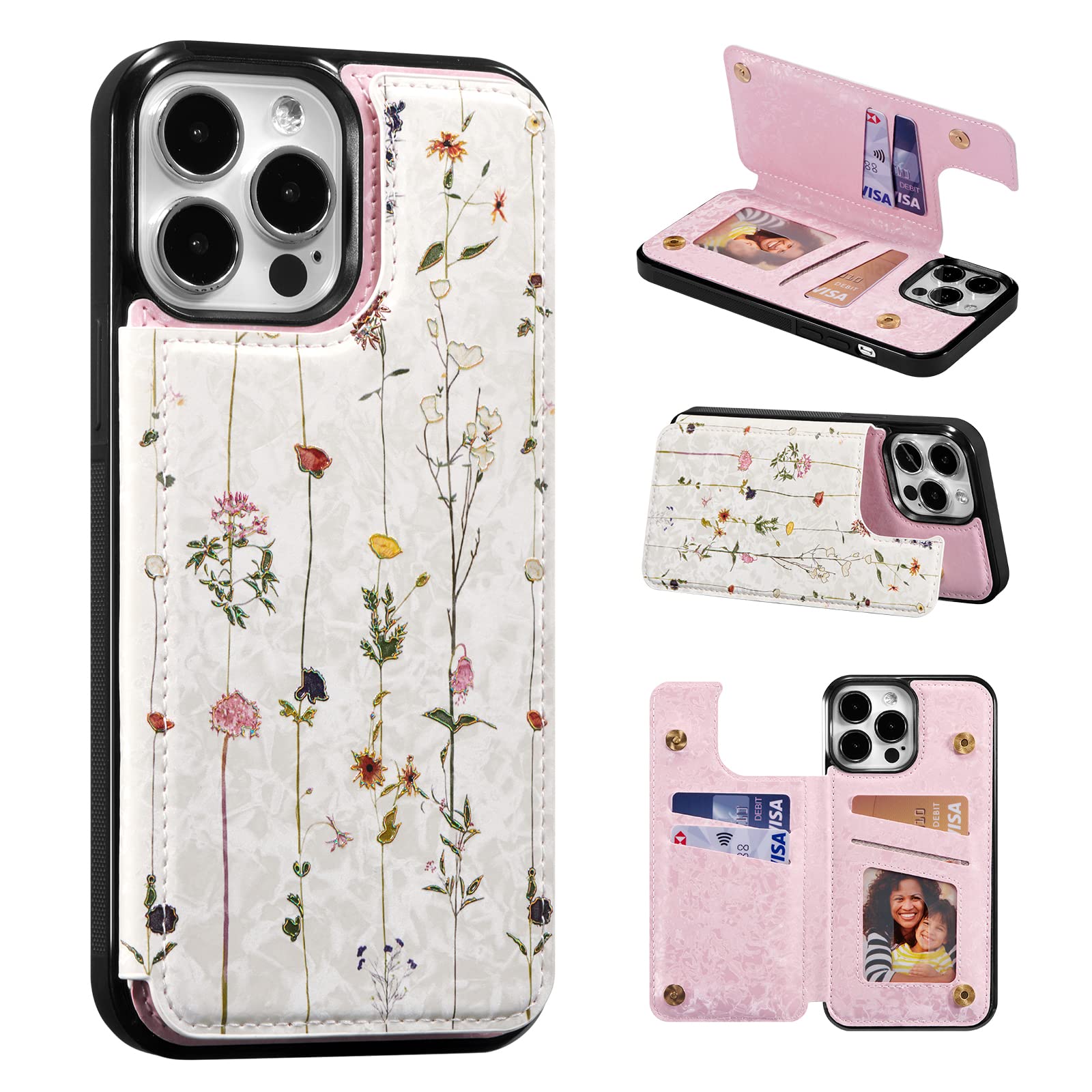 Photo 1 of UEEBAI Wallet Case for iPhone 15 Pro with Card Holders, PU Leather Cover Kickstand RFID Blocking Double Magnetic Clasp Rilievo Flower Shockproof Flip Case for Women Girls - Tree Vine