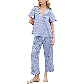Kissonic Womens Gingham Pajama Set Cute Cotton Ruffle Pajamas Cozy Plaid Y2K Pjs Babydoll Sleepwear