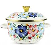 Floral Stock Pot With Lid 3.7 Quart Bohemian Botanical Enamel Cooking Pot | Floral Stock Pot Decorative Enamel Soup Pot Bohemian Blue Cooking Pot For Soup Stew Pasta,Mother'S Day Wedding Christmas Gift