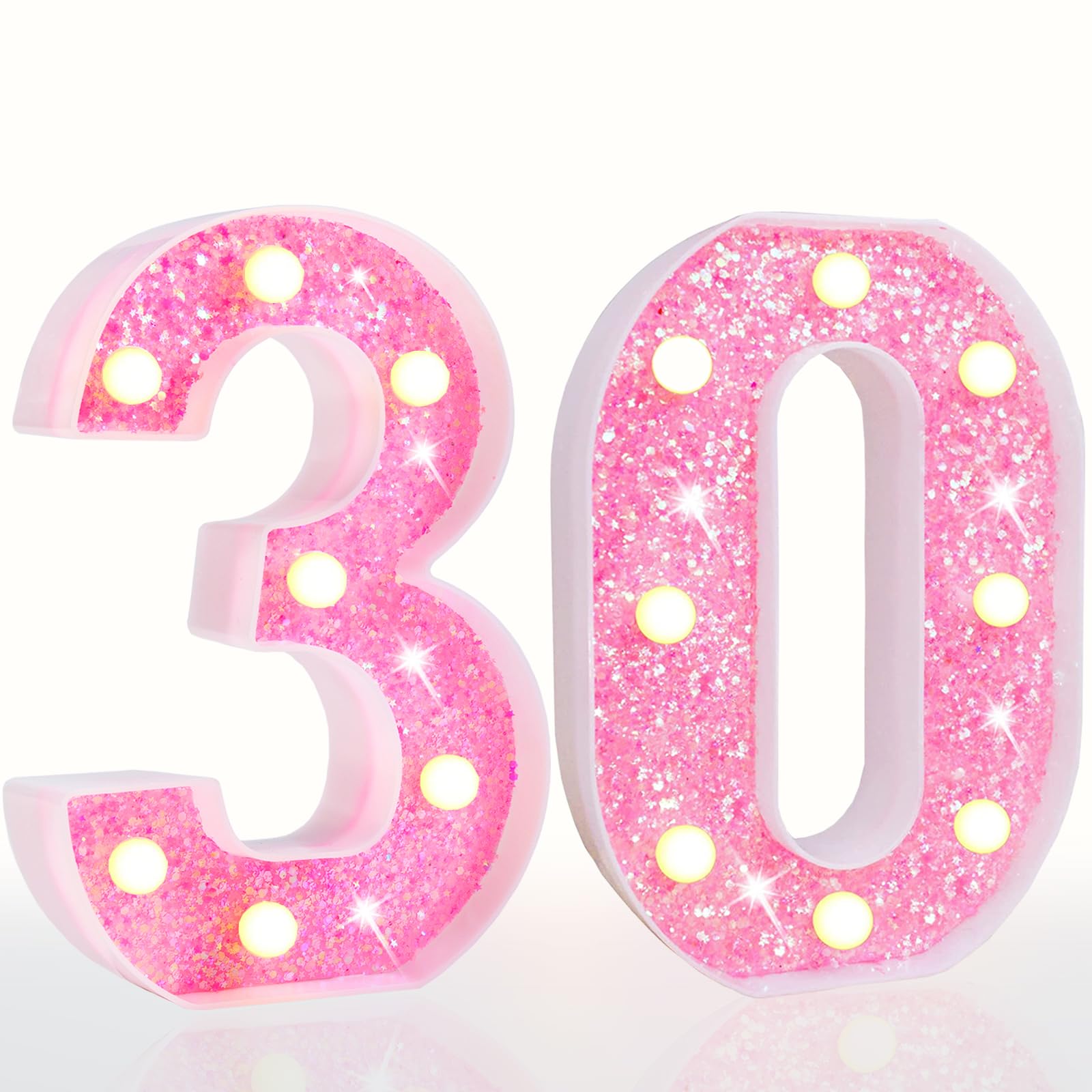 Photo 1 of Pooqla Marquee Numbers Lights, Light up Numbers Battery Powered, Glitter Lighted Numbers for Birthday Party, Shiny LED Numbers for Party for 30th Birthday Anniversary Decoration, Pink Number 30