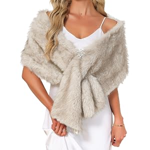 Allegra K Women's Faux Fur Shawl Wrap for Wedding Bridal Winter Cape Stole | Rhinestone Brooch Clasp,Evening Fur Scarf, Gown