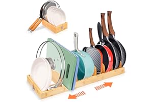 HININE Bamboo Pots and Pans Organizer, Pot Lid Organizer Reusable Containers in Cabinet Storage, Adjustable Pot Lid Holder Rack for Cutting Boards, Pans, Kitchen Counter, Dinner Plates