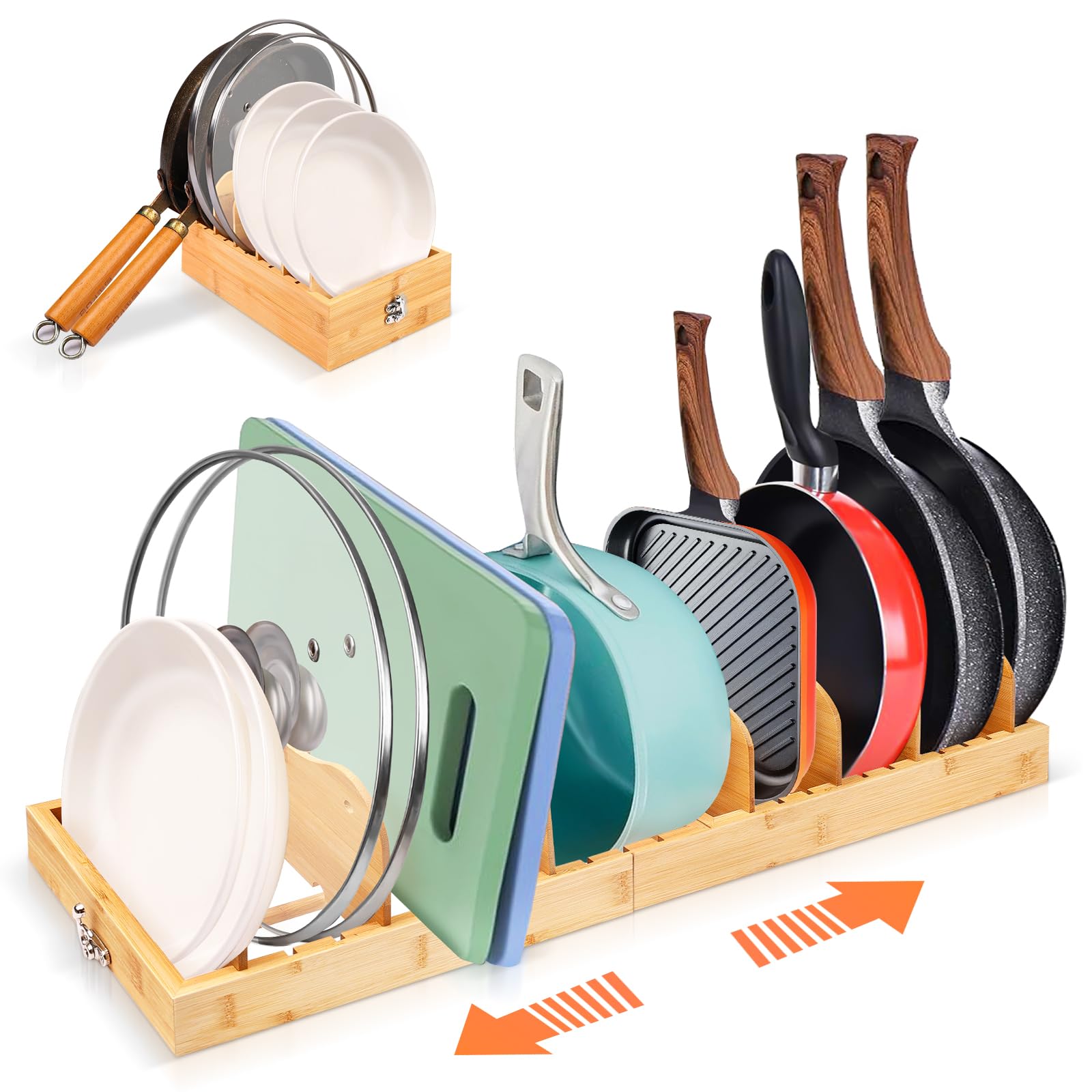 Photo 1 of (used)(incomplete) Bamboo Pots and Pans Organizer, Pot Lid Organizer Reusable Containers in Cabinet Storage, Adjustable Pot Lid Holder Rack 
