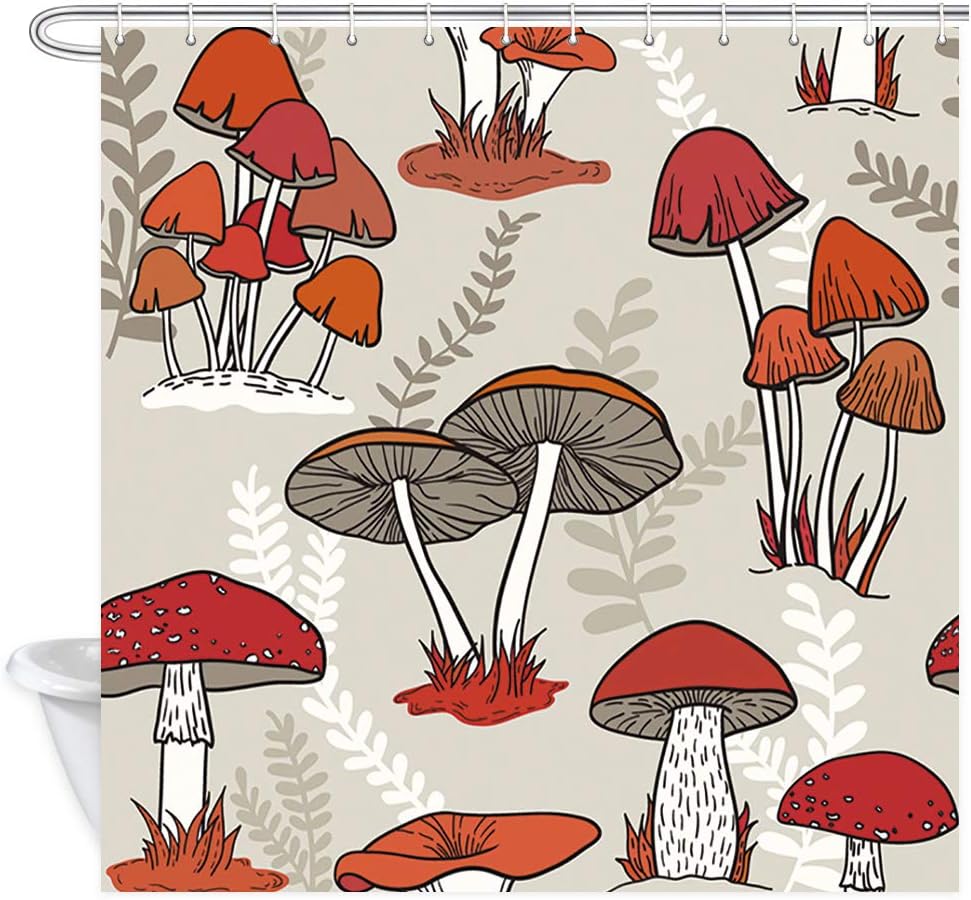 NYMB Watercolor Flowers Shower Curtains for Bathroom, Colorful Mushrooms on Grass, Polyester Fabric Cartoon Vintage Psychedelic Mushroom for Kids Bath Curtain, Shower Curtain Hooks, 69X70in (Red)