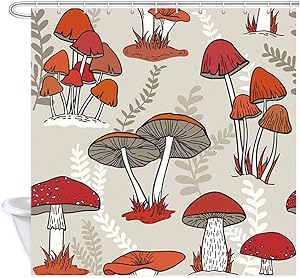 NYMB Watercolor Flowers Shower Curtains for Bathroom, Colorful Mushrooms on Grass, Polyester Fabric Cartoon Vintage Psychedelic Mushroom for Kids Bath Curtain, Shower Curtain Hooks, 69X70in (Red)