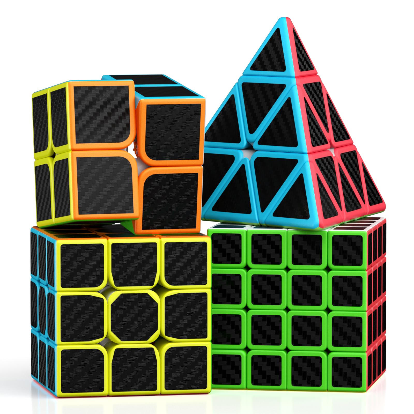 ROXENDA Speed Cube Set, 2X2 3X3 4X4 Pyramid Cube Stickerless with Instruction [4 Pack] (Carbon Fiber Cube Set)