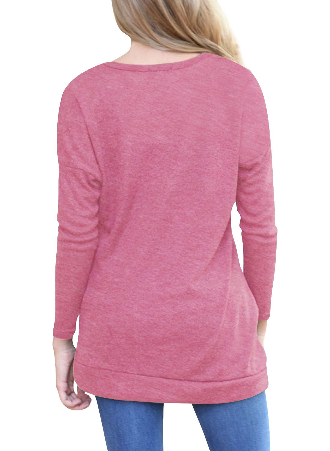 Juniors Tops Casual Long Sleeve T Shirts Buttons Decor Crew Neck Tunic Blouse Pink Large