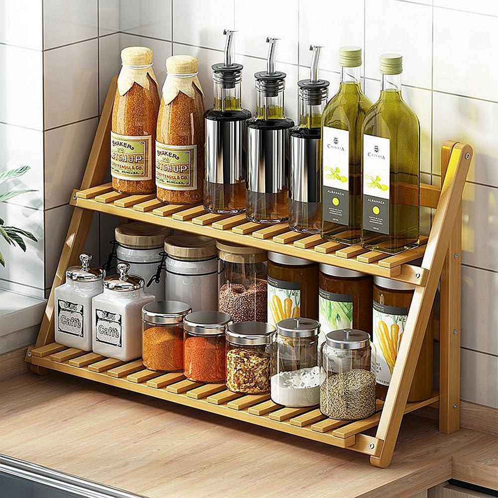 Dreamhousey Kitchen Storage Rack Household Countertop Spice Rack, 2-Tier Multifunctional Spice Rack Simple Modern Flower Rack Bamboo Wood (Wood Color, L)