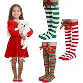 Pistha 3 Pairs Girls Christmas Knee High Socks, Red Green White Striped Long Socks with Bows for Girls and Toddler