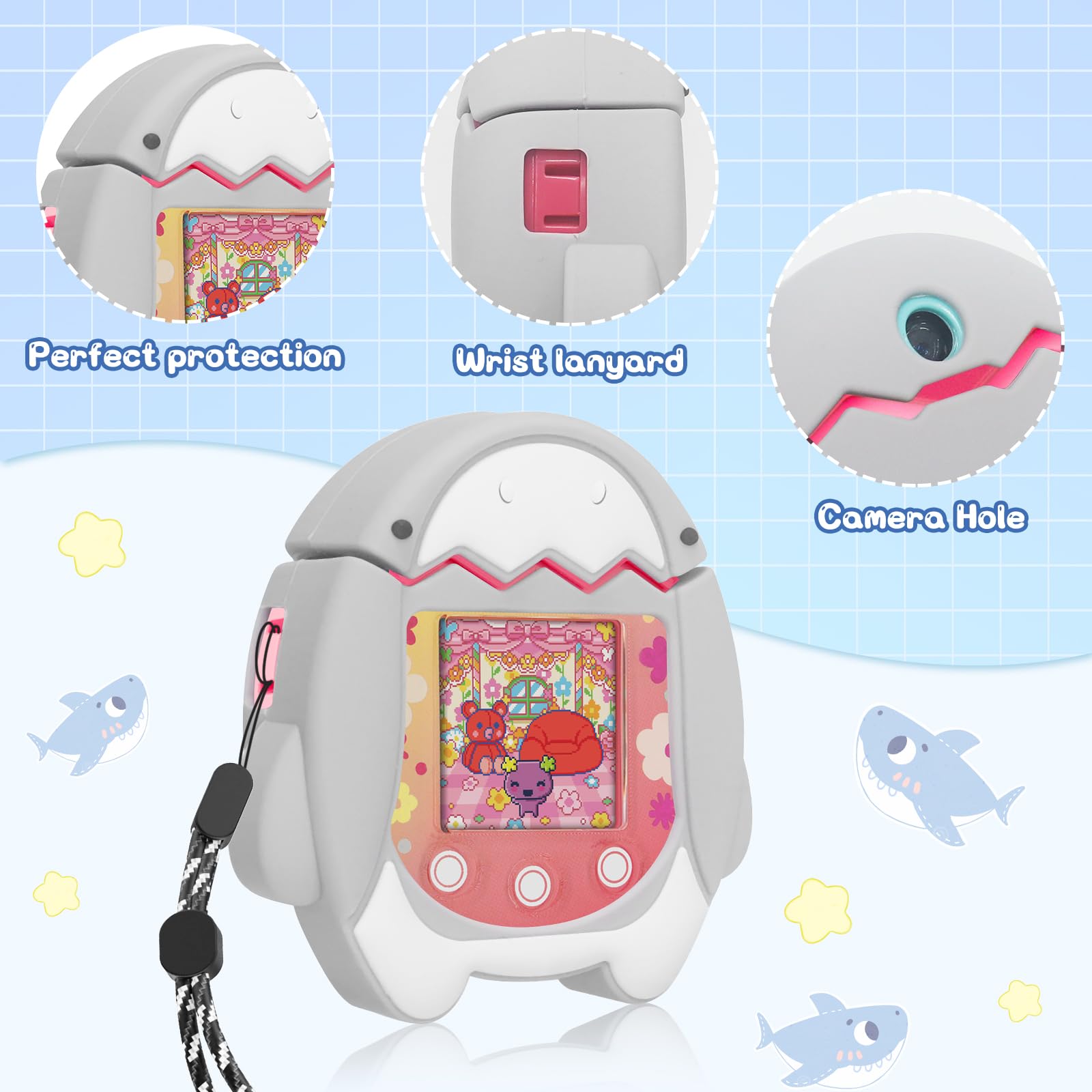 BEARDDO Silicone Case Compatible with Tamagotchi Pix Virtual Pet Game Machine, Cute Cartoon Grey Shark Virtual Pet Game Machine Protector Cover with Lanyard for Tamagotchi Pix Accessories (Grey)