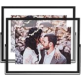 CROXXID 4x6 Floating Picture Frames Set of 2, Made of Metal and Double Real Glass, for Photo Size up to 6x8, Tabletop Display Home or Wedding Decoration (Horizontal Black)