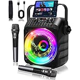 Karaoke Machine, Portable Karaoke System with 2 Wireless Rechargeable Microphones, 60W PA Speaker 6.5" Subwoofer, TWS, AUX, USB, TF, REC, TV, 7 Colourful Lights, for Home & Outdoor