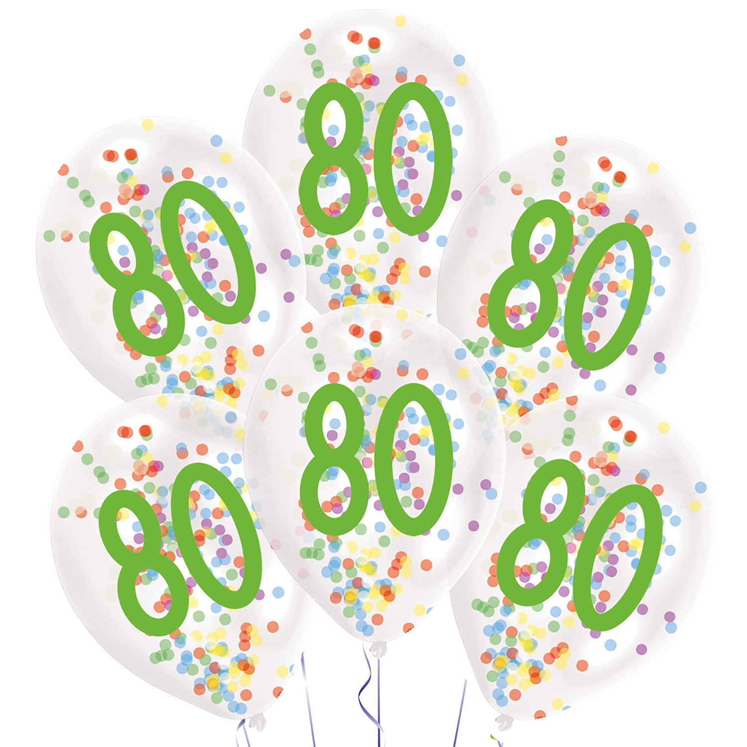 Amscan 9909844 Latex Balloons Confetti Number 80, Pack of 6, Approx. 27.5 cm, with Filling, Number Balloons, Birthday, Decoration, Gift, Age of Age