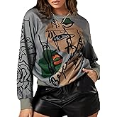 WDIRARA Women's Figure Graphic Print Sweatshirt Round Neck Long Sleeve Contrast Color Graffiti Pullovers