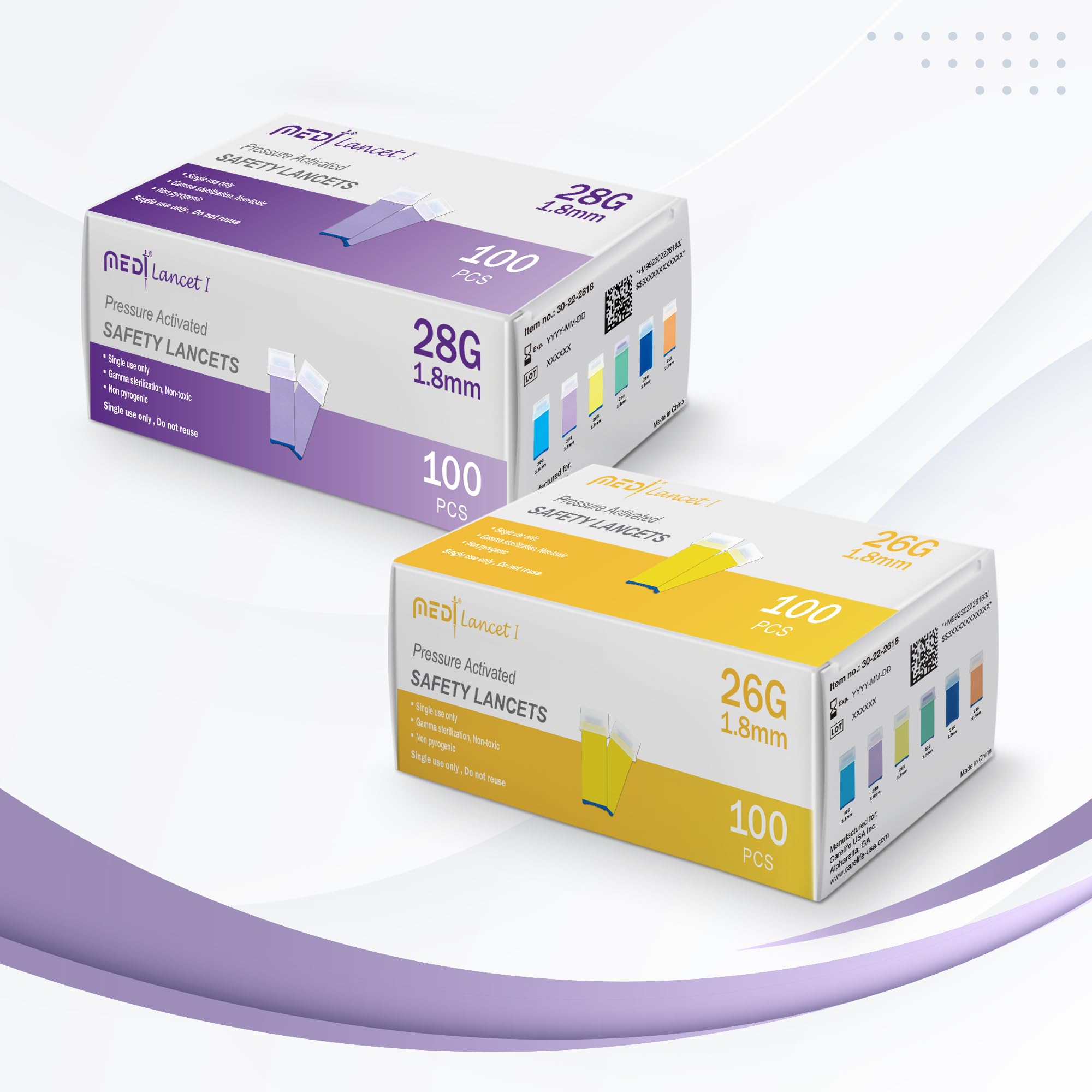 Medt - Pressure Activated Safety Lancets (28G x 1.8mm) - Gamma Ray Sterilized, Ideal for Blood Testing, Single Use and Gentle for Comfortable Testing - Pack of 100