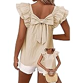 Falechay Womens Bow Tie Back Tops Round Neck Ruffle Short Sleeve Shirts Cute Babydoll Chiffon Tee Women Summer Trendy Tunic