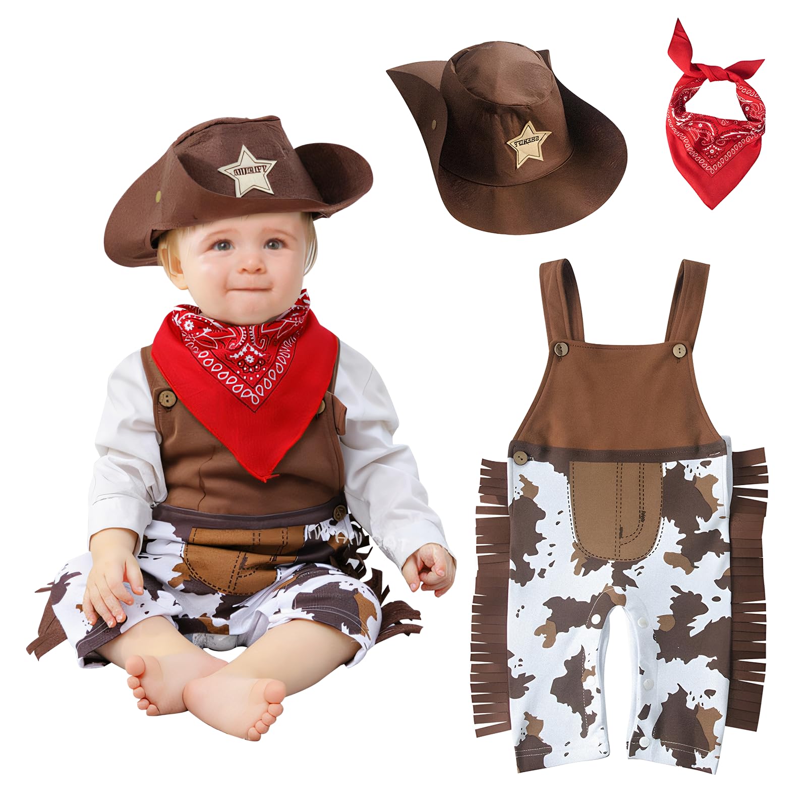Cowboy Costume Outfit for Baby Toddler Kid - Cowgirl Fancy Dress Up with Red Bandana & Sheriff Hat, Babies Role Play Cosplay Party Props, Boys Girls Halloween Christmas Birthday Gift, 2 - 3 Years
