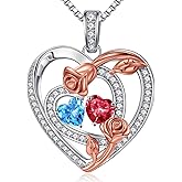 Iefil Birthstone Jewelry Gifts for Women - Heart Birthstone Necklace for Her, 925 Sterling Silver Rose Heart Necklaces, Personalized Gifts Anniversary Birthday Jewelry for Wife Her Girlfriend Mom