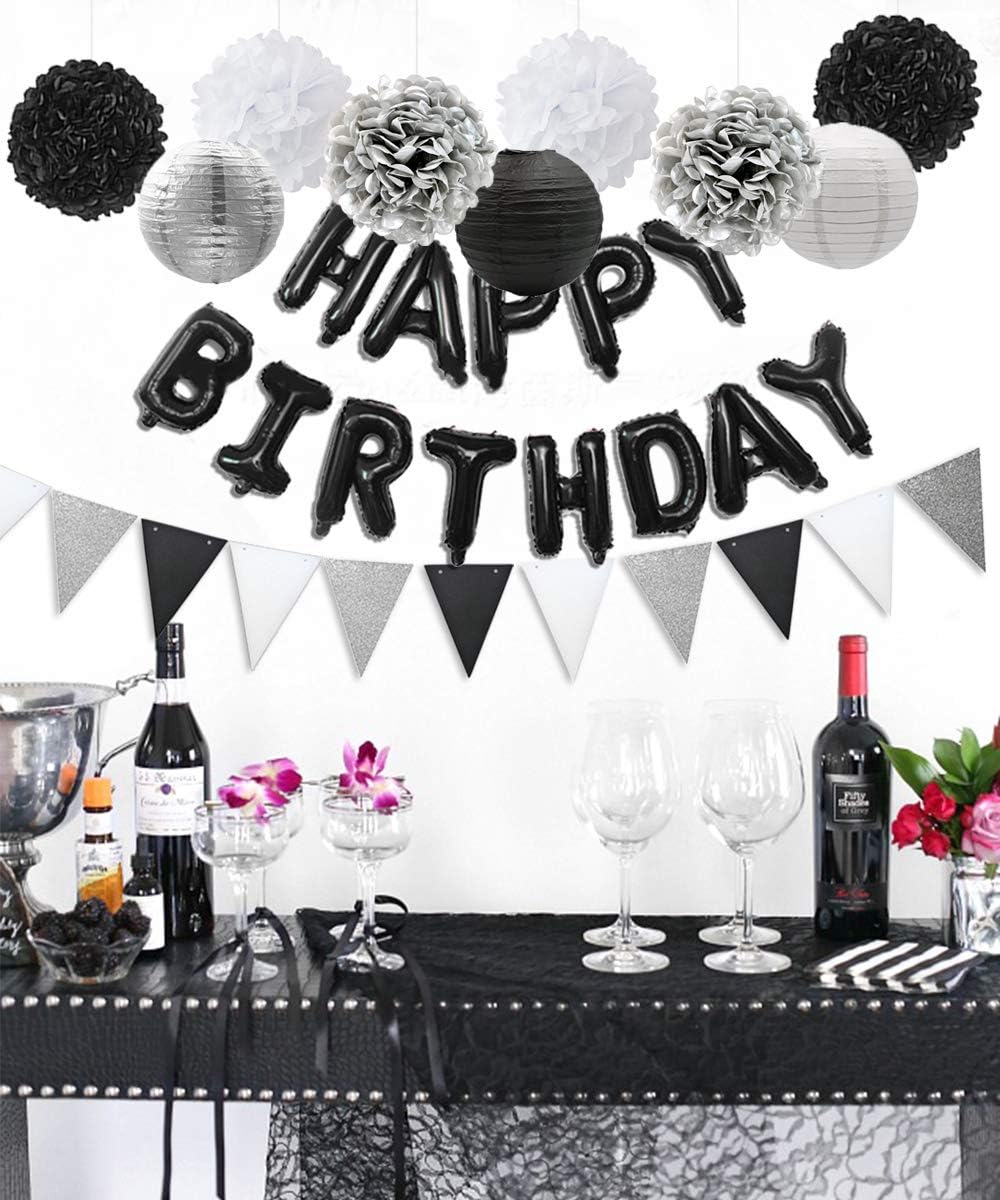 JOYMEMO Black and Silver Birthday Decorations, Black White Confetti Marble Balloons Set, Happy Birthday Banner - Image 5