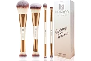 HEYMKGO Makeup Brushes Set, 4Pcs Double-ended Foundation Contour Powder Blush Concealer Eyeshadow Brush Set for Liquid, Cream, Powder for Blending Buffing Professional Face Brush Set Tools(Apricot)