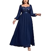 MISSMAY Women's Plus Size Sequin Lace Square V Neck Sheer Long Sleeves Formal Evening Chiffon Long Dress