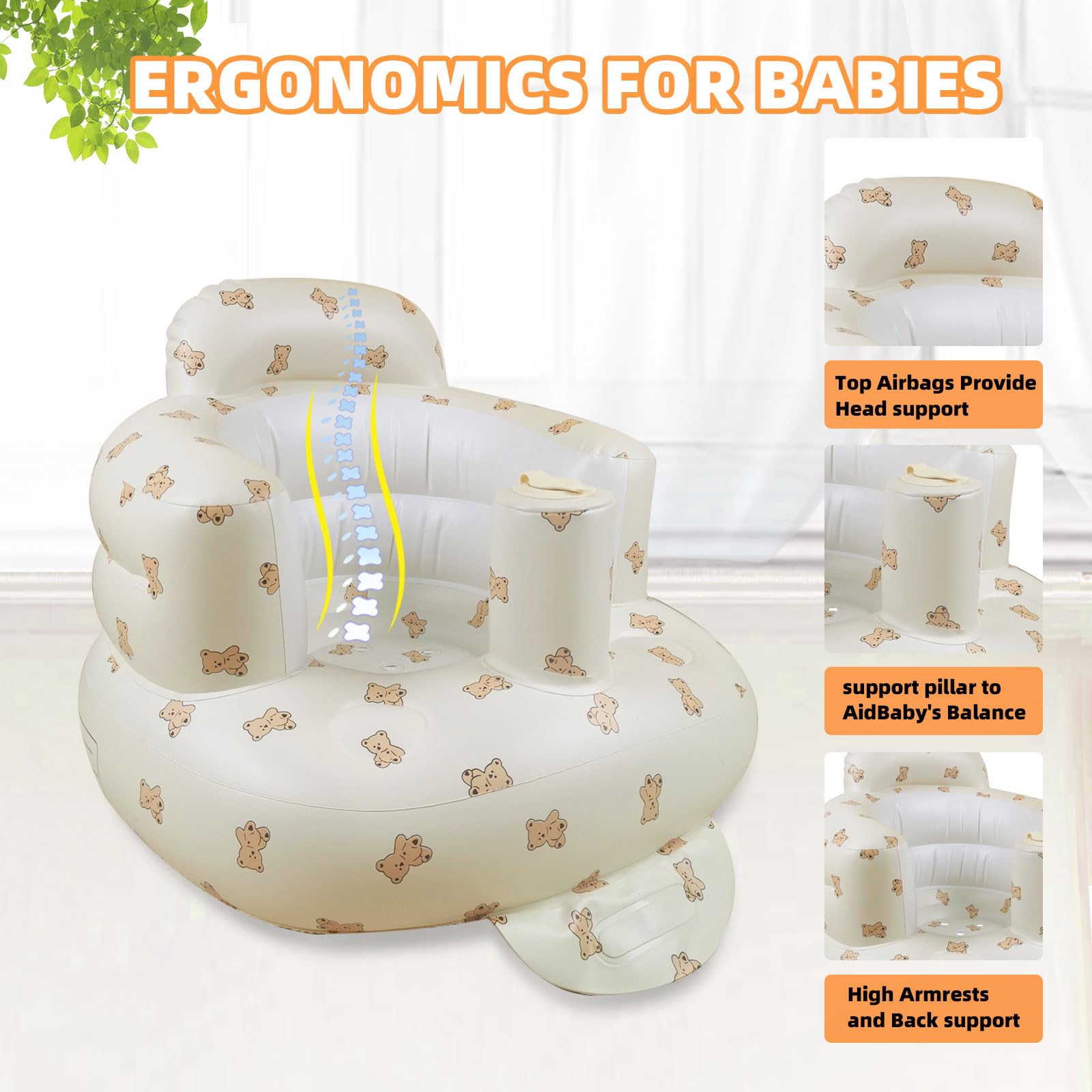 Inflatable Baby Seat for Babies 3-36 Months, Built in Air Pump Baby Chair Sit Me up Floor Seat for Baby, Bumbo Seat for Learning to Sit, Feeding, Camping(Bear Cub)