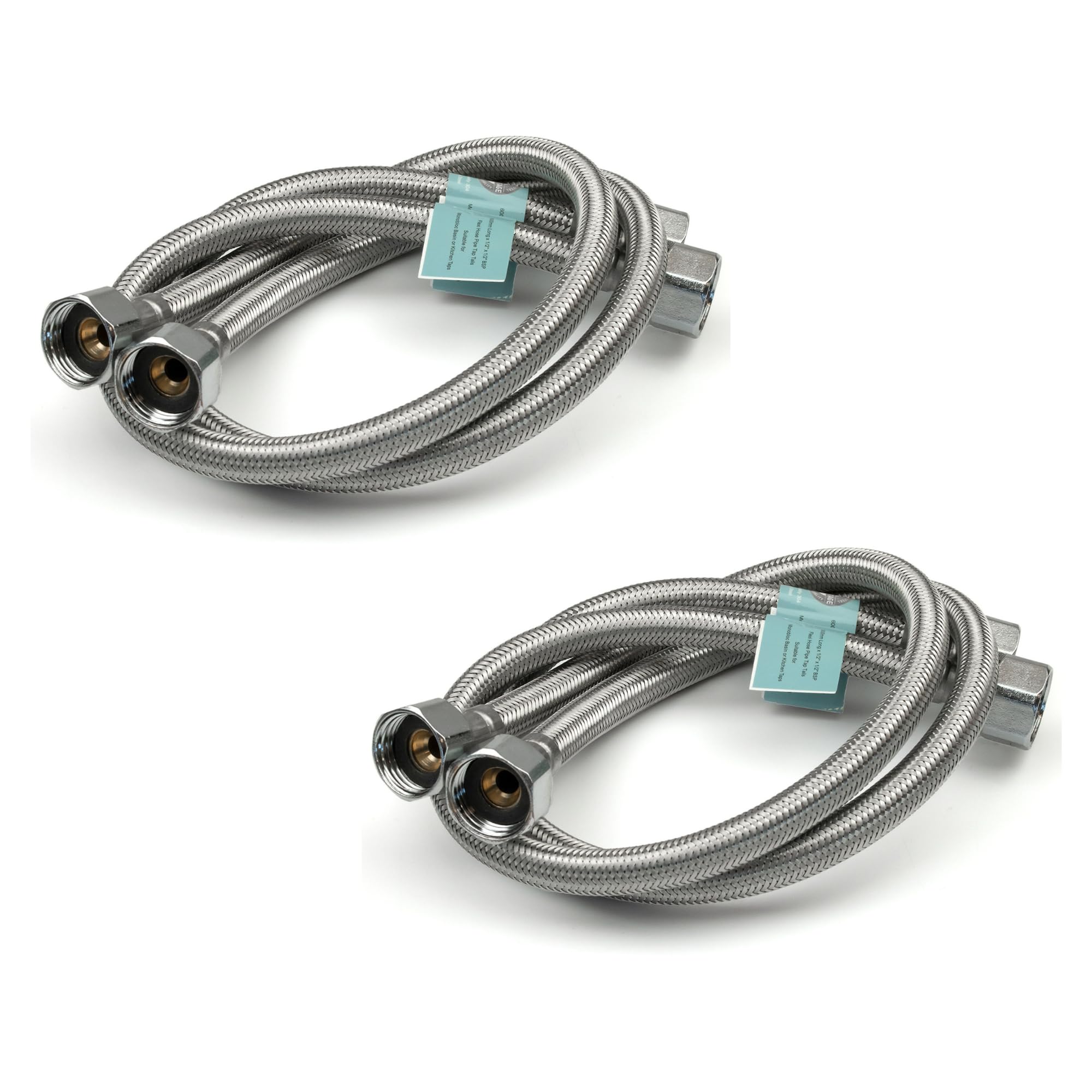 2 Pairs of 1/2" x 1/2" (Female to Female) BSP (600mm) Kitchen Basin Monobloc Mixer Tap Connector Flexible Hose Pipes Tail