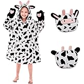 IFNOW Wearable Blanket Hoodie Kids, Oversized Fleece Blanket Sweatshirt Christmas Birthday Gifts for Boys, Girls, Teen Hoodie with Portable Foldable Blanket Pillow, Animal Embroidery 5-15 Years, Cow