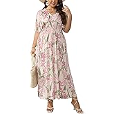 OSTOO Women's Plus Size Hawaii Empire Waist Bat Short Sleeve Casual Floral Print Boho Maxi Dress