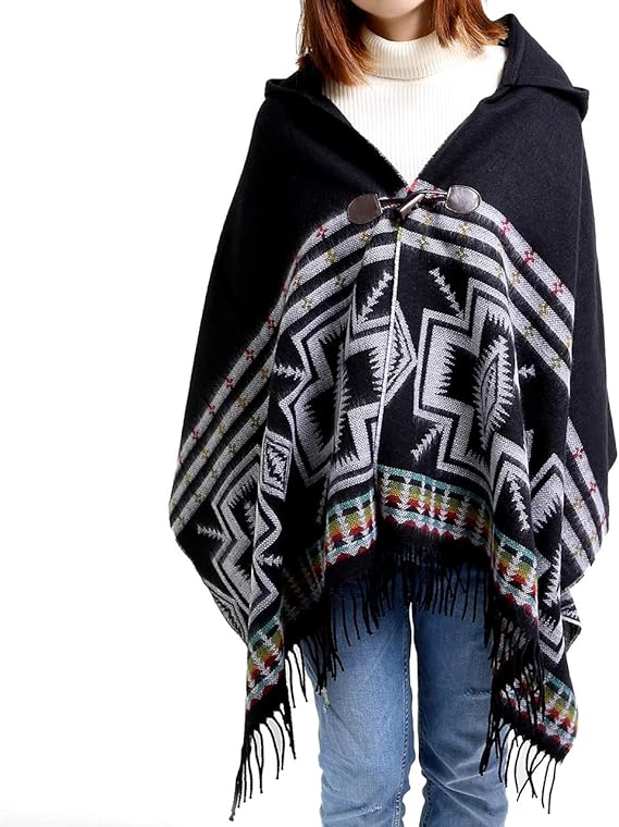 Amazon エムエイチエー M H A Style ネイティブ ポンチョ ボヘミアン 民族 大判 ストール レディース E ブラック フード少し柄あり コート ジャケット 通販