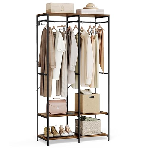 SONGMICS Portable Clothes Wardrobe, Foldable Closet, Clothes Rack Freestanding, Closet Organiser, with Hanging Rods, Storage Shelves, Removable Hooks, 40 x 94.5 x 180 cm, Rustic Brown RGR004B01
