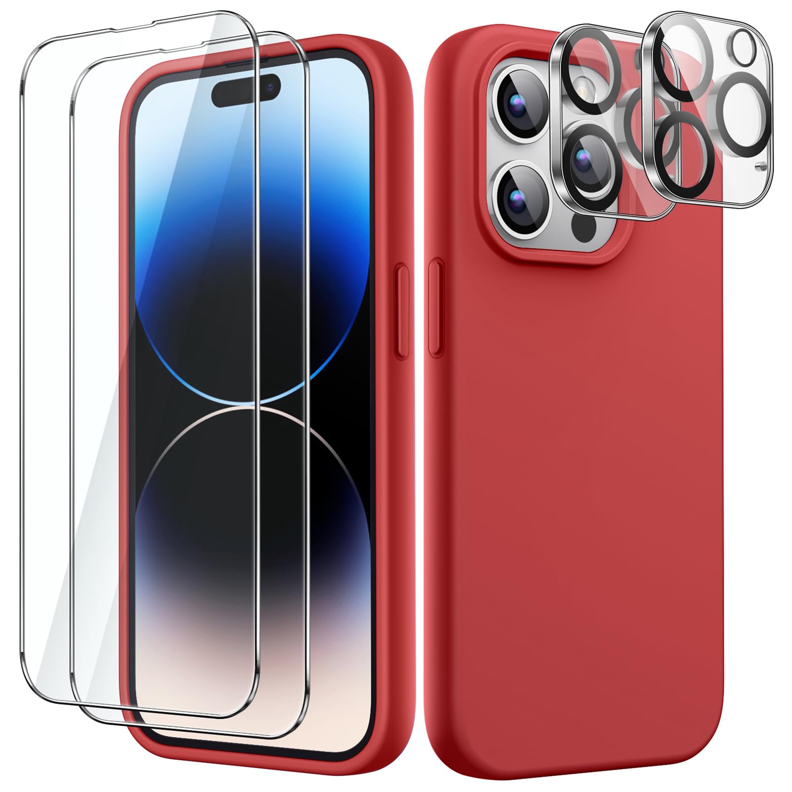 JETech 5 in 1 Silicone Case for iPhone 14 Pro 6.1-Inch, with 2-Pack Screen Protector and 2-Pack Camera Lens Protector, Full Coverage Tempered Glass Film, Shockproof Phone Cover (Red)