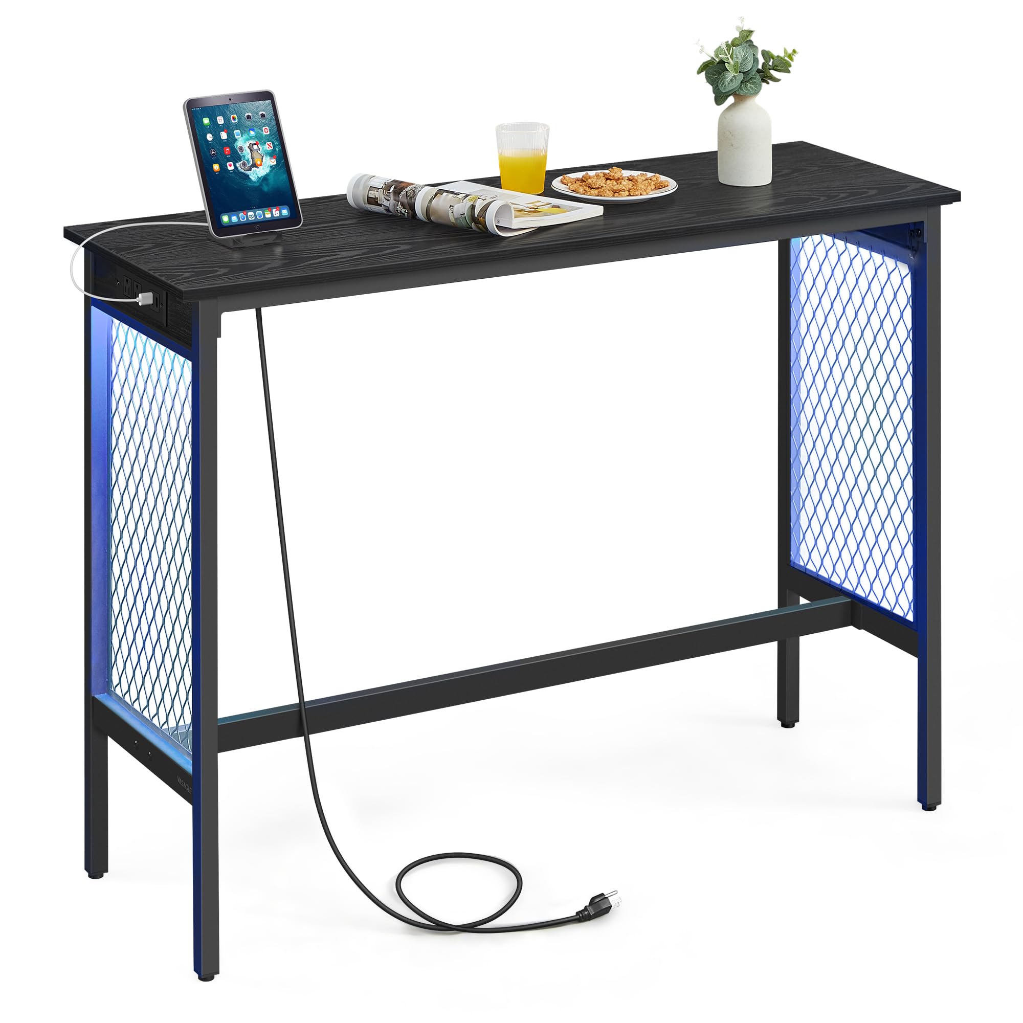 VASAGLE Bar Table with Power Outlets, 47.2 Inches LED Lights Narrow Tall Pub Table, Counter Height Console Desk, Mesh Panels and Metal Frame, for Kitchen, Entryway, Ebony Black and Matte Black Image