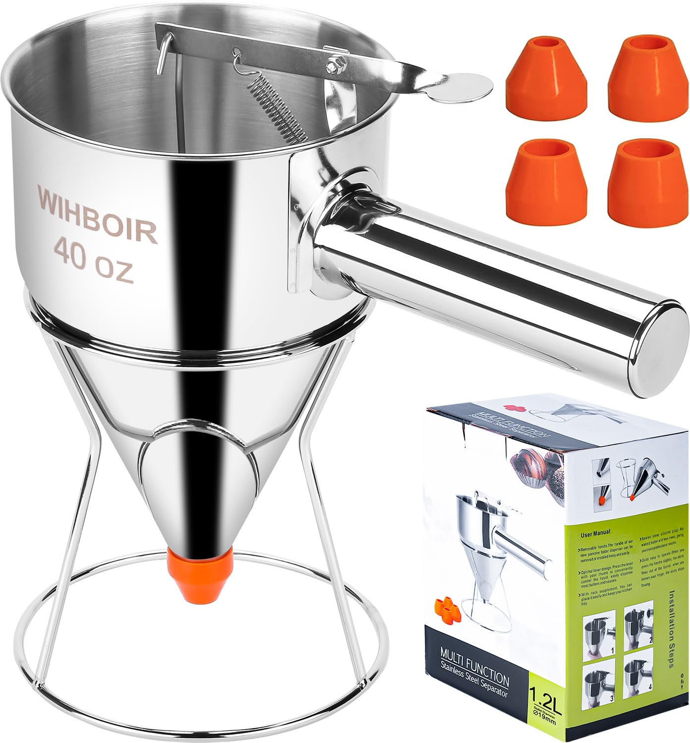 Photo 1 of WIHBOIR Stainless Steel Pancake Batter Dispenser with Squeeze Handle and Multi-Nozzle, for Pancakes, Cupcakes, and Baked Goods. 40 oz