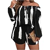 Floerns Women's Plus Size 2 Piece Boho Floral Off Shoulder Frill Trim Drawstring Front Top & Shorts