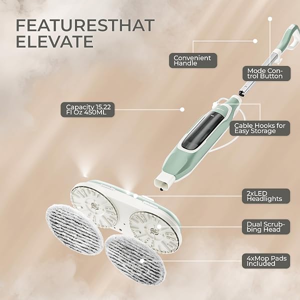 EPROEON STEAM MOP, ALL-IN-ONE STEAM AND SCRUB HARD FLOOR CLEANER WITH LED HEADLIGHTS, 450ML TANK, 4 SOFT PADS, DUAL POWER, SWIVEL STEERING FOR HARDWOOD, TILE AND LAMINATE