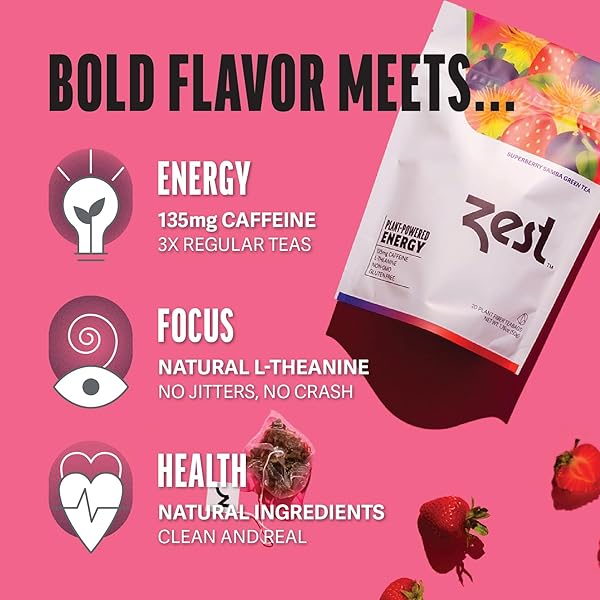 ZEST ENERGY GREEN TEA – SUPERBERRY SAMBA – HIGH CAFFEINE STRAWBERRY, ACAI, & PASSION FRUIT TEA – CAFFEINATED COFFEE ALTNERNATIVE WITH ANTIOXIDANTS – NATURAL, NON-GMO & KETO – 20CT PACK – 135MG CAF