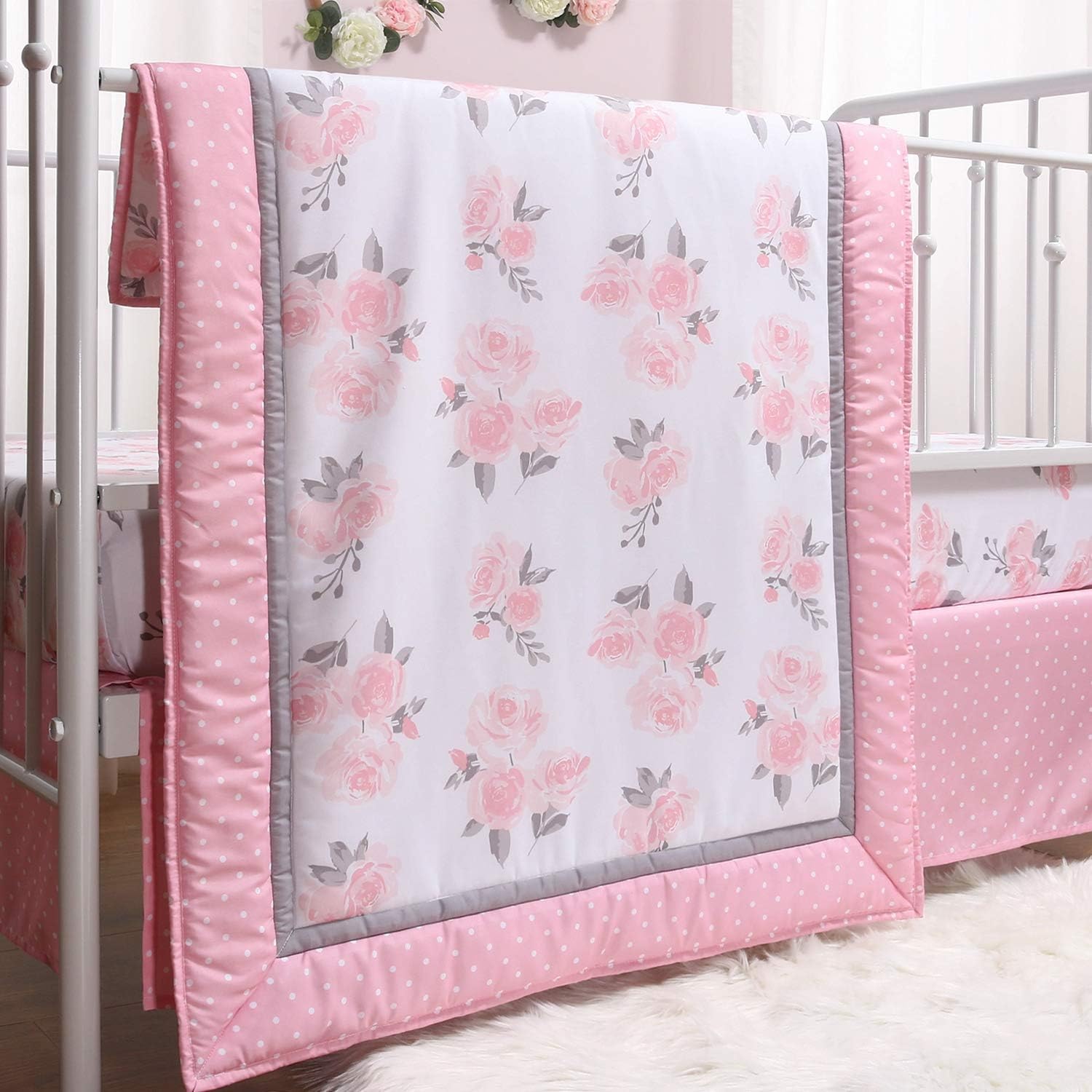 The Peanutshell Pink Floral Crib Bedding Set for Baby Girls, 3 Piece Nursery Collection: Kitchen & Dining