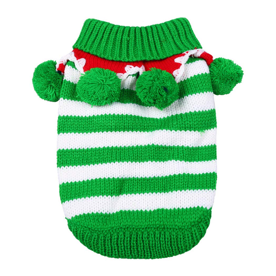 Hillento Christmas Pet Sweater Knitwear Costume with Collar and Balls for Winter for Cat Small Dog Puppy,Green & White